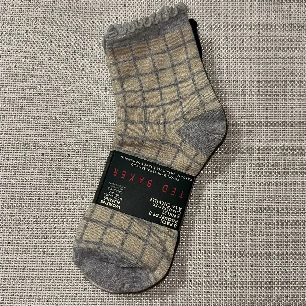 Ted Baker Gray Beige Plaid Black White Dress Crew Cut Bamboo Blend Socks 3 pack